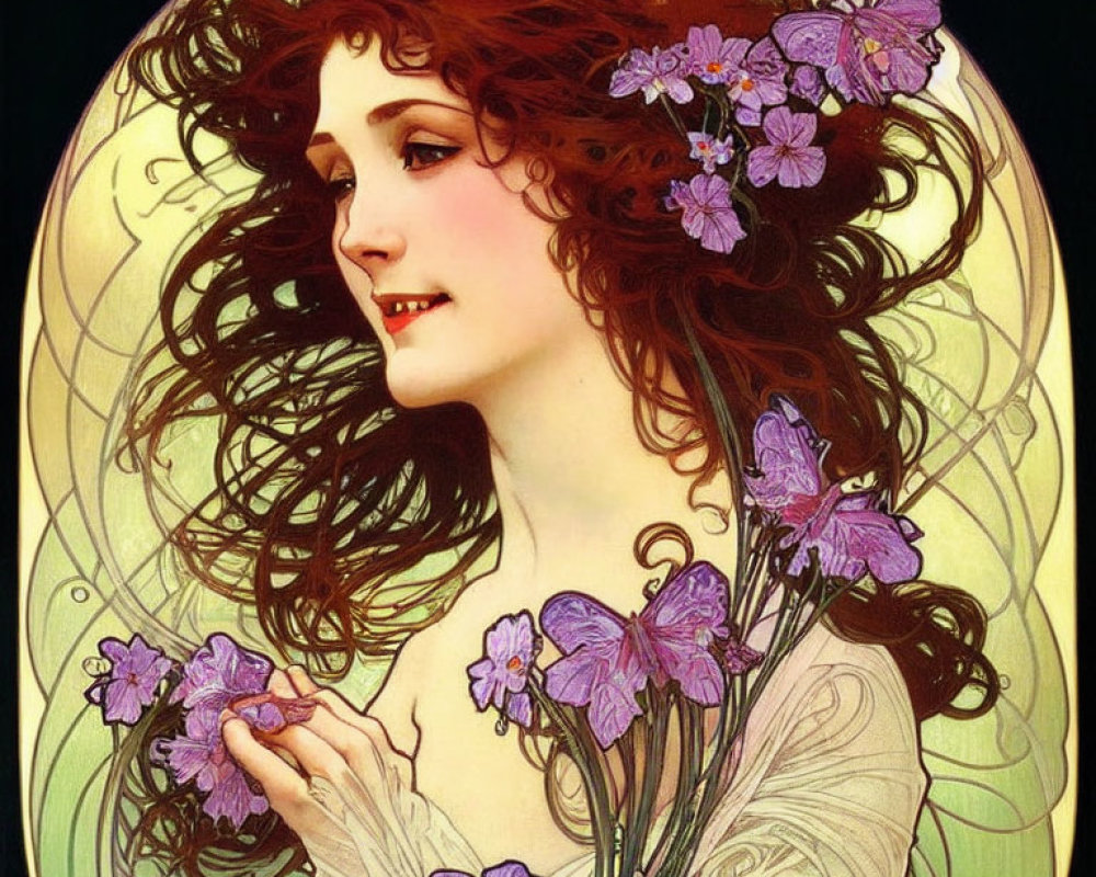 Woman with flowing hair and purple flower adornments in Art Nouveau style