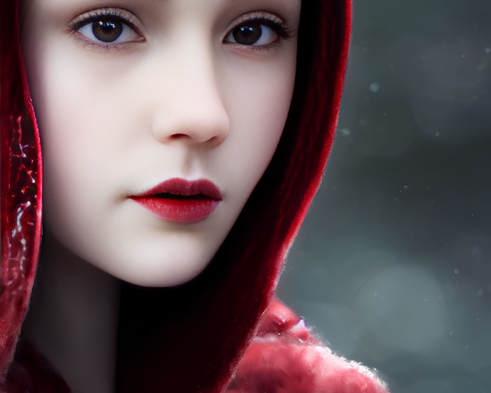 Pale-skinned person with blue eyes in red cloak against snowy background