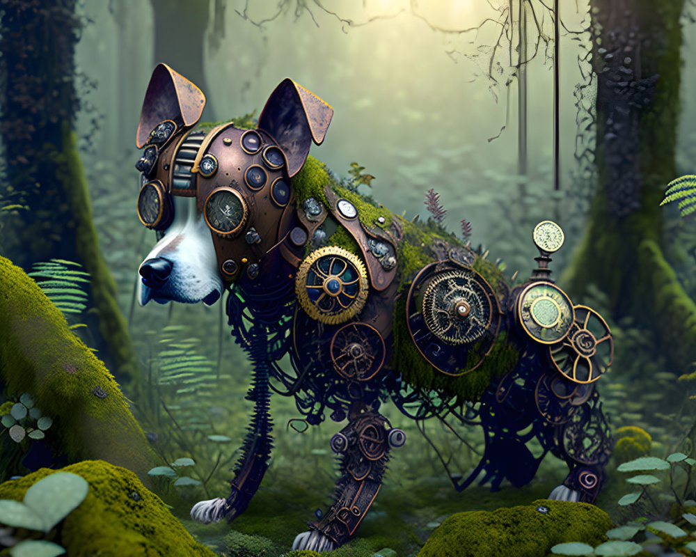 Steampunk Mechanical Dog in Lush Green Forest