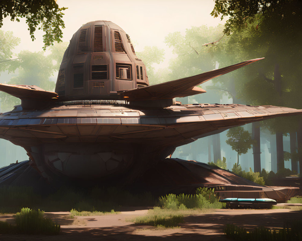 Sleek futuristic spaceship in tranquil forest clearing