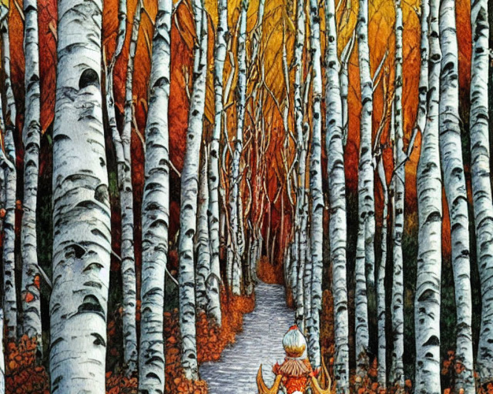 Person in Golden Cloak Walking Through Autumn Birch Forest