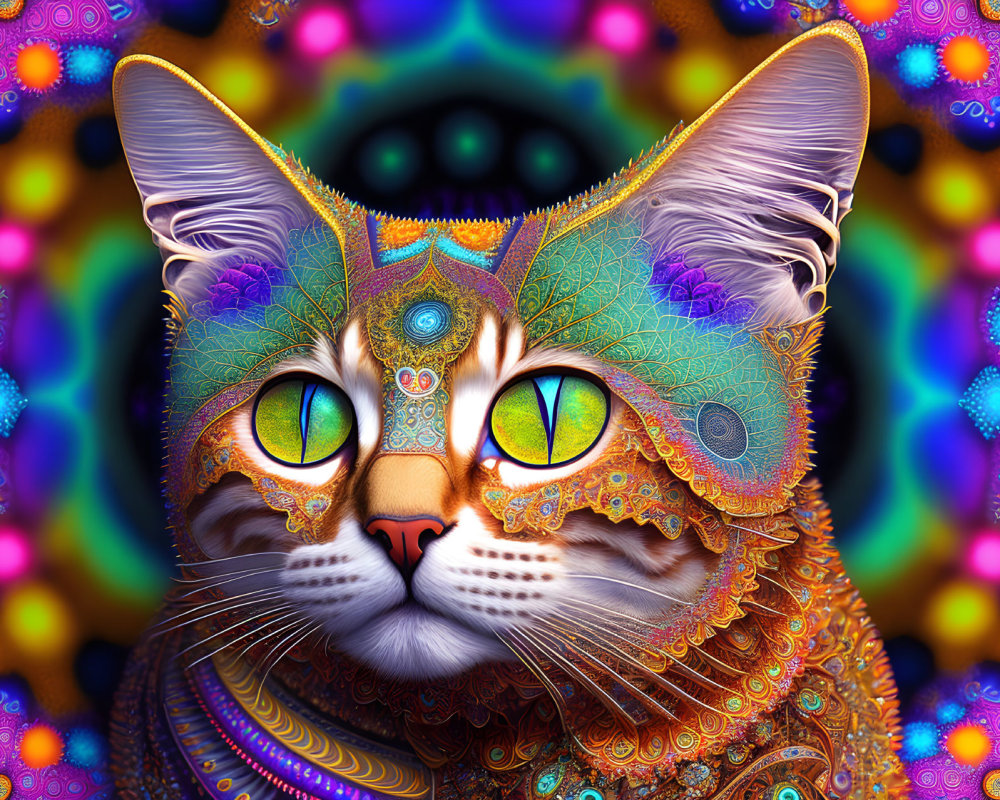 Colorful Psychedelic Cat Artwork with Yellow Eyes and Fractal Background