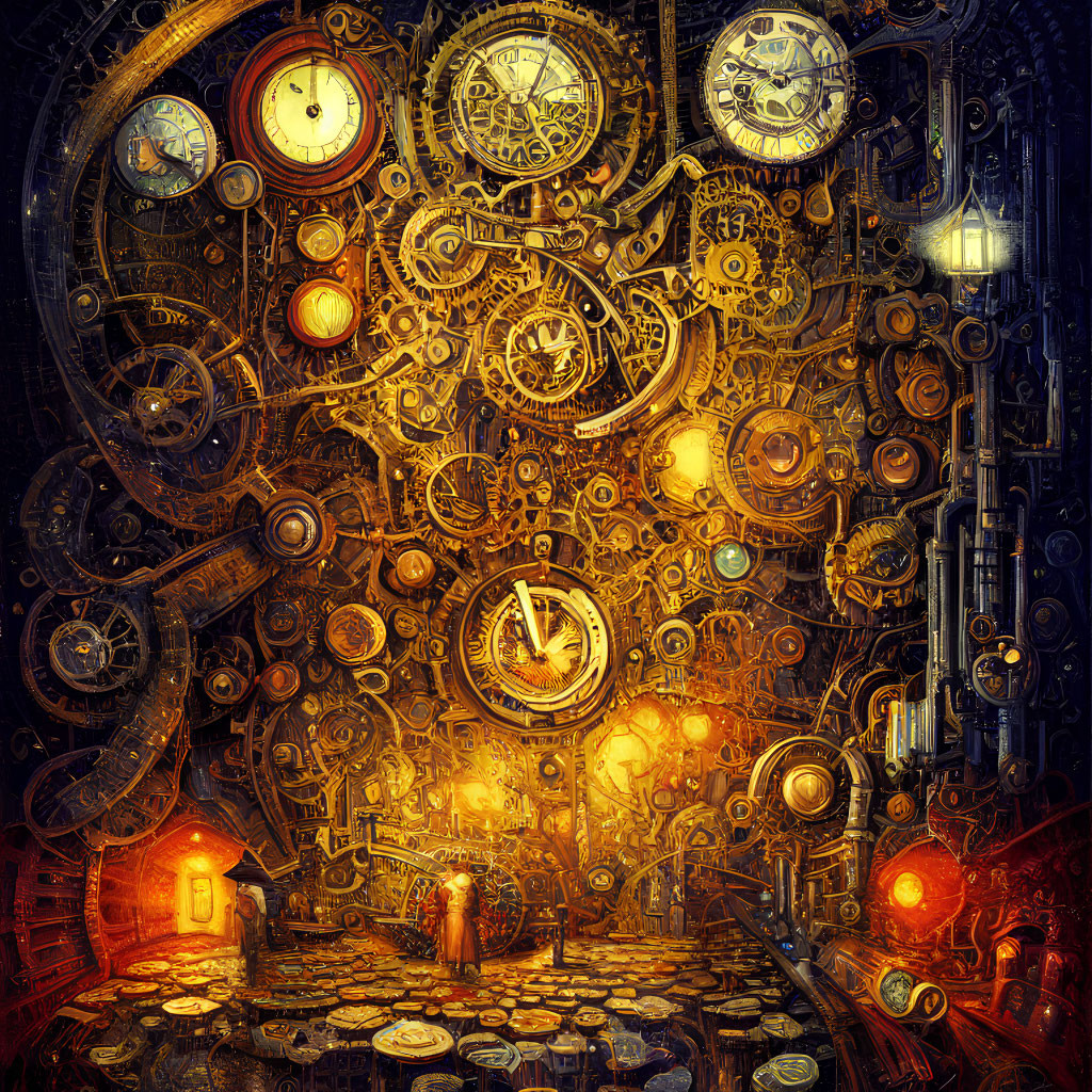 Detailed Steampunk Artwork with Clocks, Gears, Cogs, and Silhouet