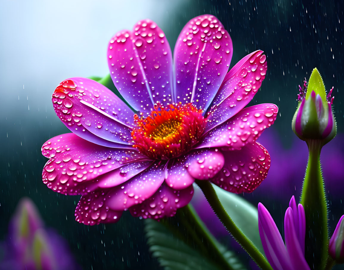 Vivid Purple Flower with Water Droplets on Petals in Soft Rainy Bokeh