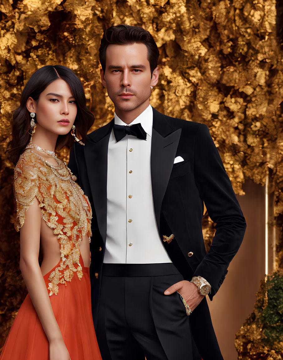 Formal couple in black tuxedo and red dress against golden floral backdrop