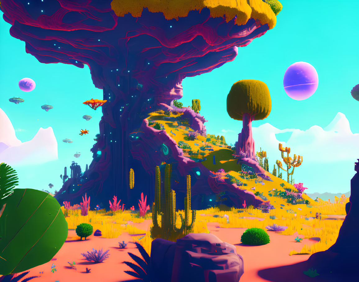 Colorful alien landscape with large tree, floating islands, and distant planets