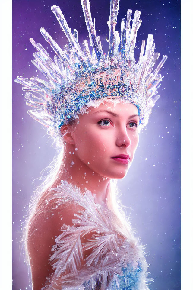 Woman with Icicle Crown in Frosty Theme on Purple Background