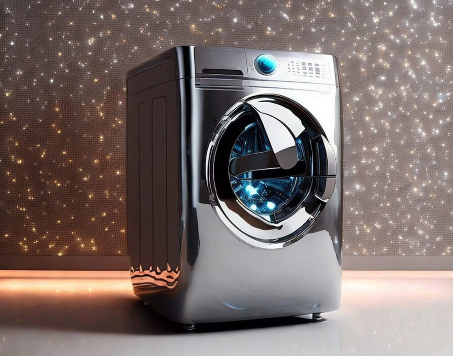Black washing machine with blue-lit circular door on starry background