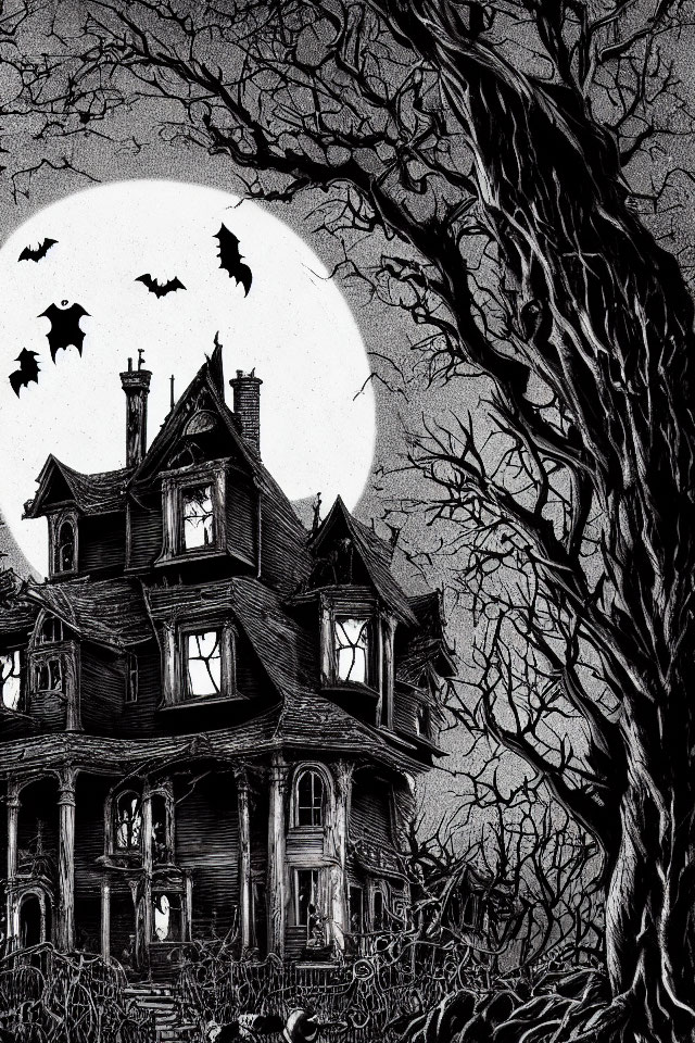 Gothic architecture haunted house under full moon with bats and barren tree.