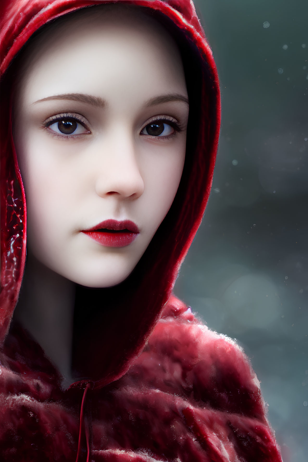 Pale-skinned person with blue eyes in red cloak against snowy background