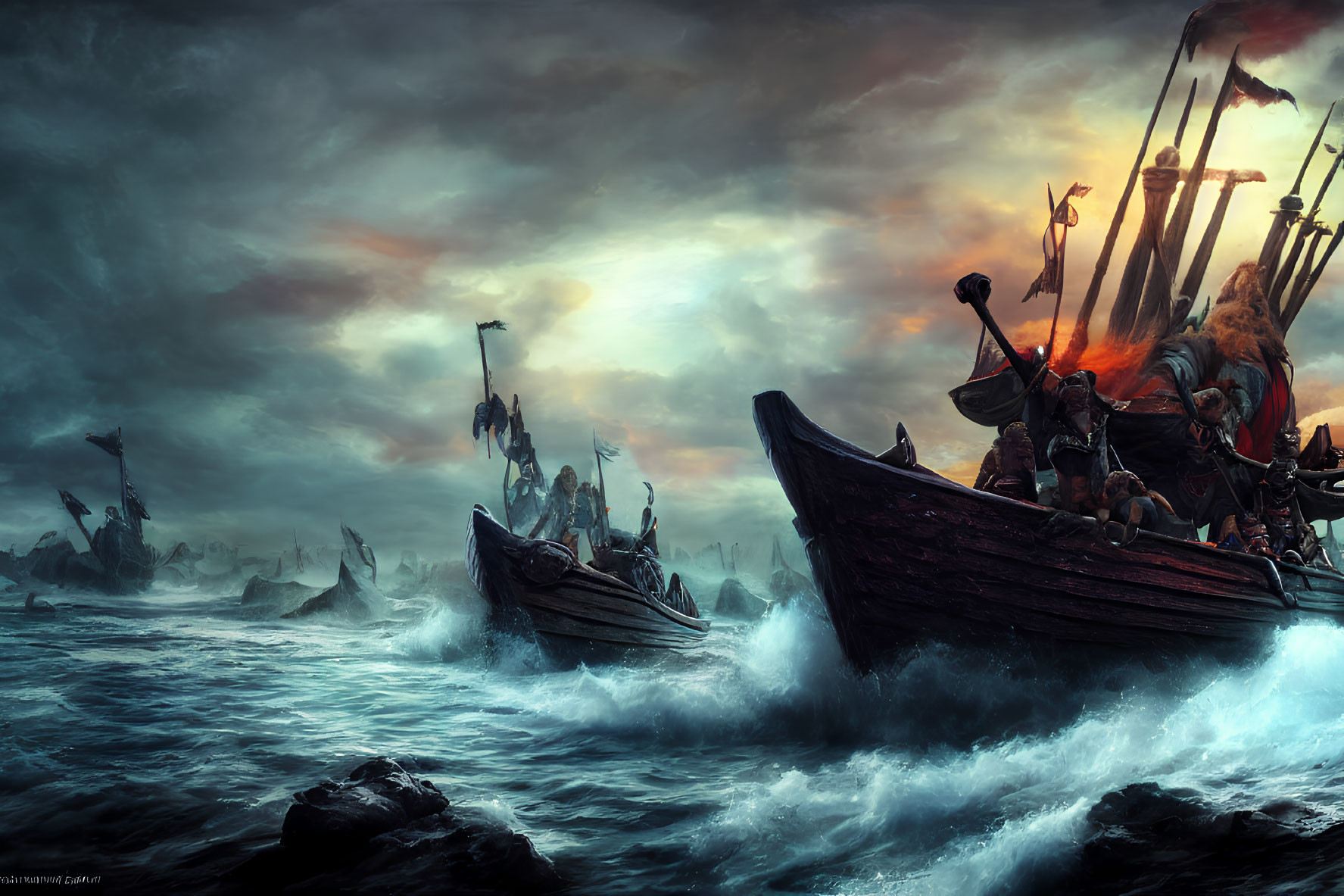 Dramatic Viking ship scene with warriors in turbulent seas