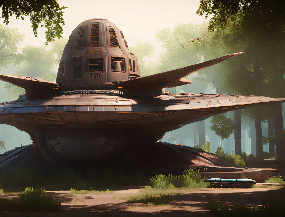 Sleek futuristic spaceship in tranquil forest clearing