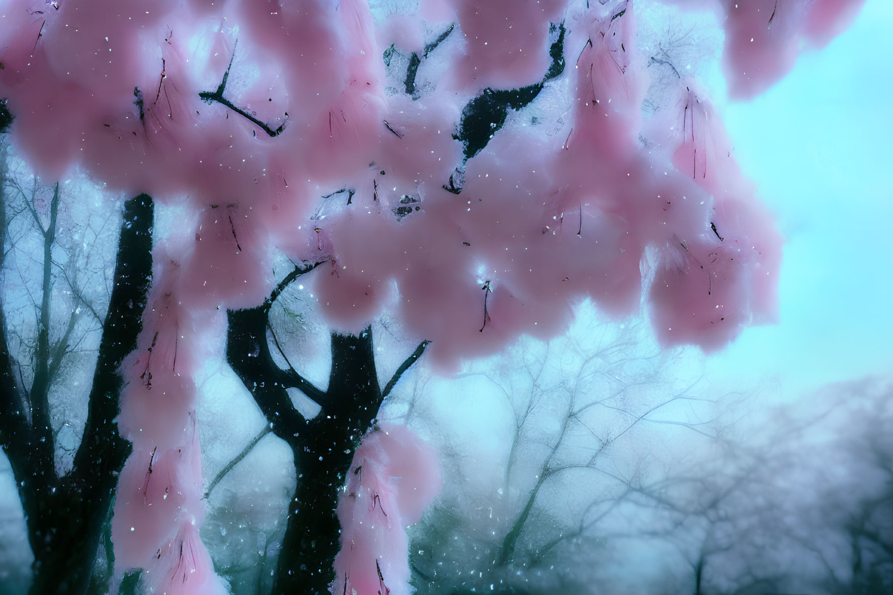 Pink cherry blossoms covered in snow against wintry backdrop