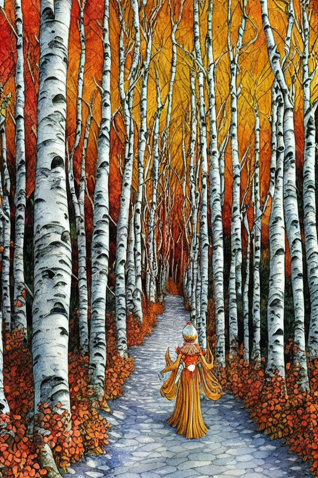 Person in Golden Cloak Walking Through Autumn Birch Forest