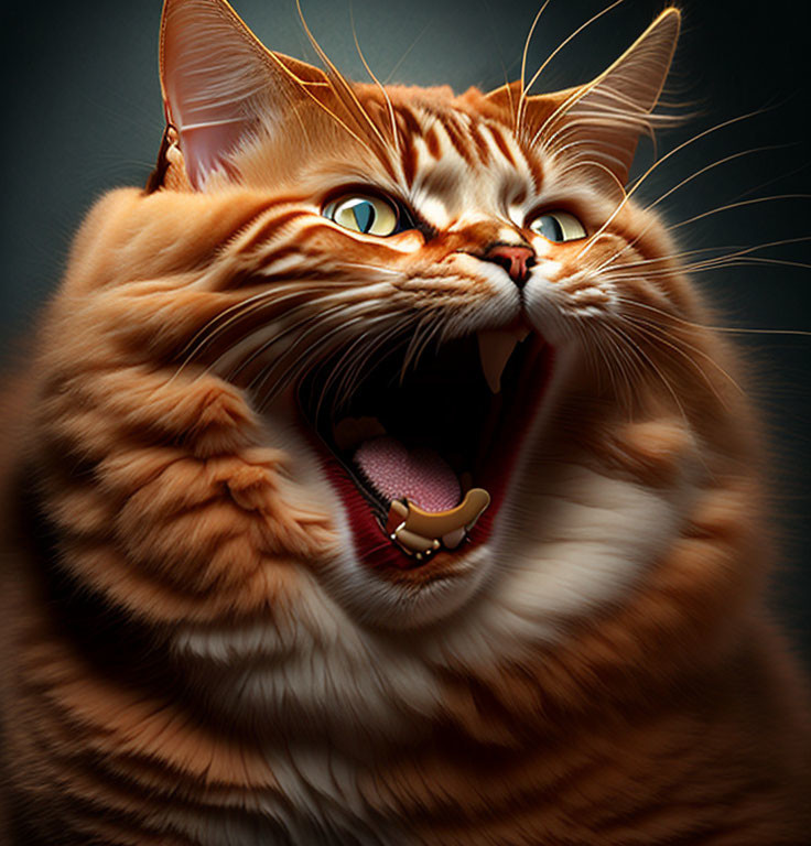 Detailed orange tabby cat with wide amber eyes and open mouth on dark background