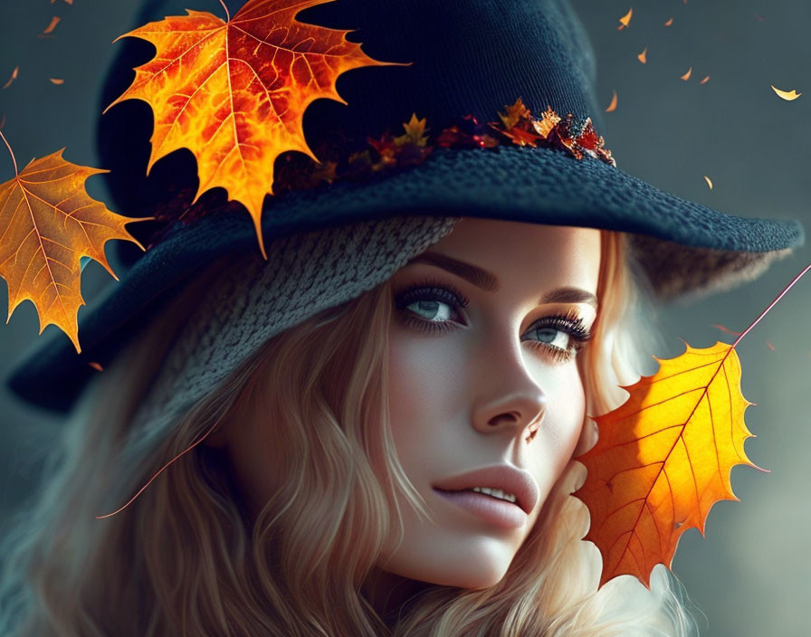 Woman with Colorful Autumn Leaves Hat Gazing Away