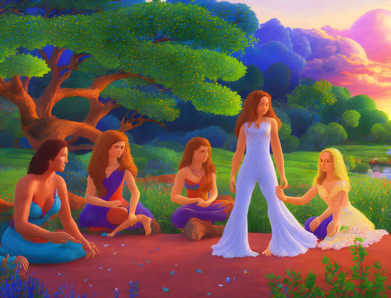 Five ethereal women in flowing dresses in serene forest glade at sunset