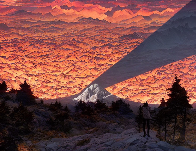 Person admiring warm-hued mountain landscape at sunrise or sunset