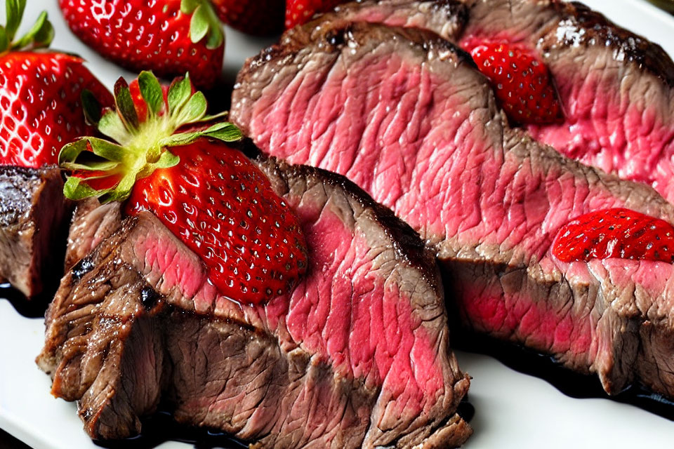Medium-Rare Steak with Fresh Strawberries on White Plate