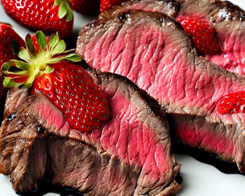 Medium-Rare Steak with Fresh Strawberries on White Plate