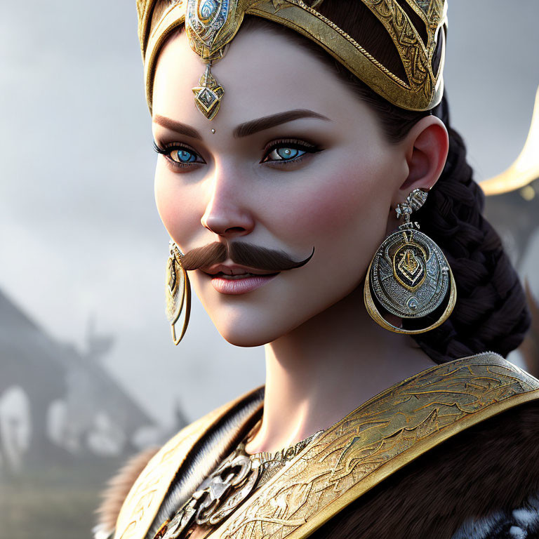 Digital art portrait of woman with crown, blue eyes, mustache, gold jewelry, and intricate attire