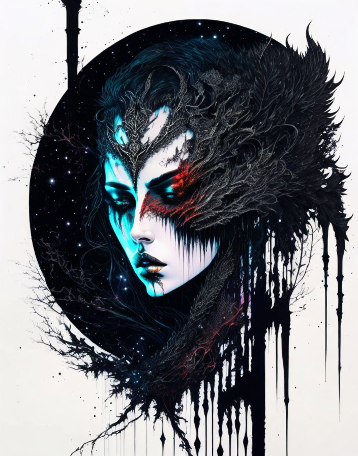 Monochrome and Red Surreal Woman's Face Art with Cosmic and Paint Elements