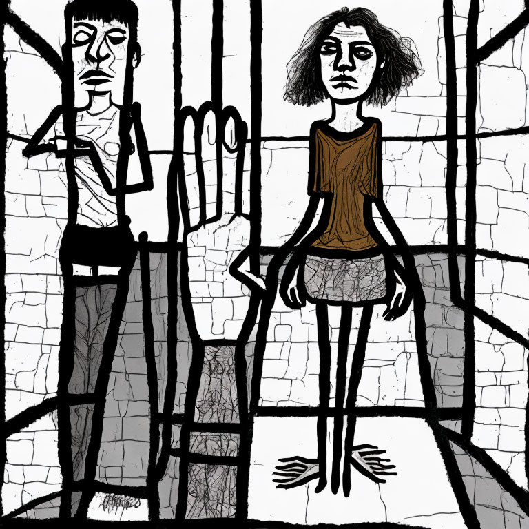 Stylized male and female figures with exaggerated features behind bars