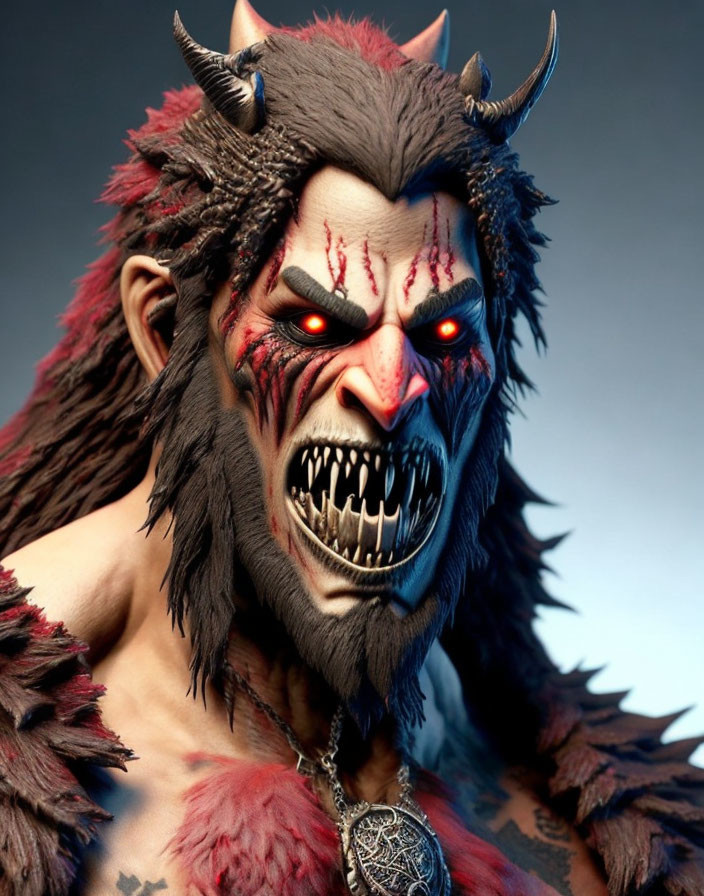 Fantasy creature with red eyes, sharp teeth, horns, tribal face paint, fur, and necklace