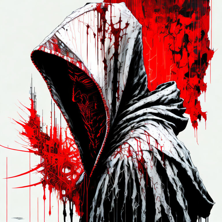 Cloaked Figure Artwork: Red, Black, and White with Intricate Patterns