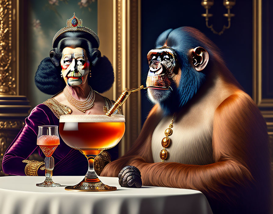 Surreal image of anthropomorphic figures in regal attire at opulent table