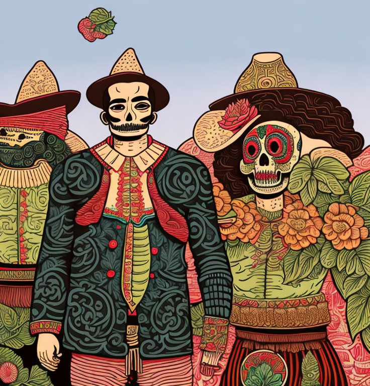 Stylized skull-faced figures in Mexican attire with sombreros & floral designs
