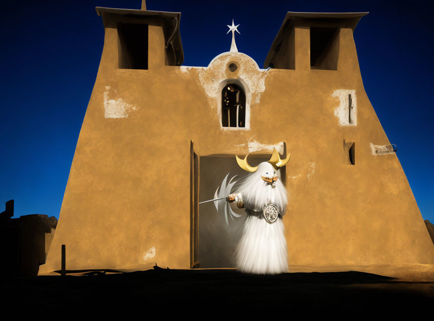Person in white costume with horned mask holding sword by adobe building