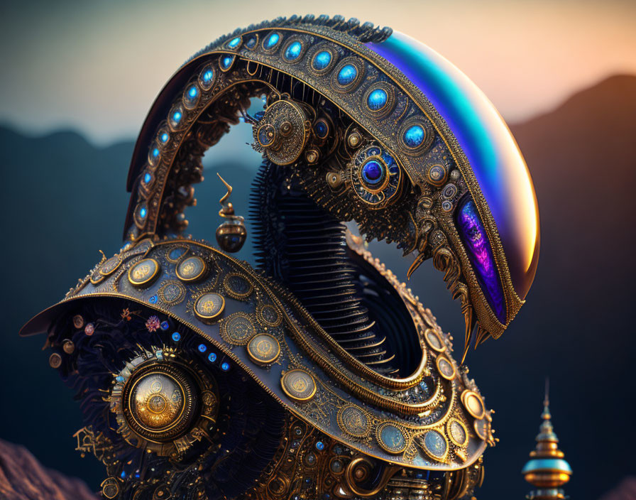 Detailed mechanical sculpture with metallic gears and intricate designs against twilight mountain.