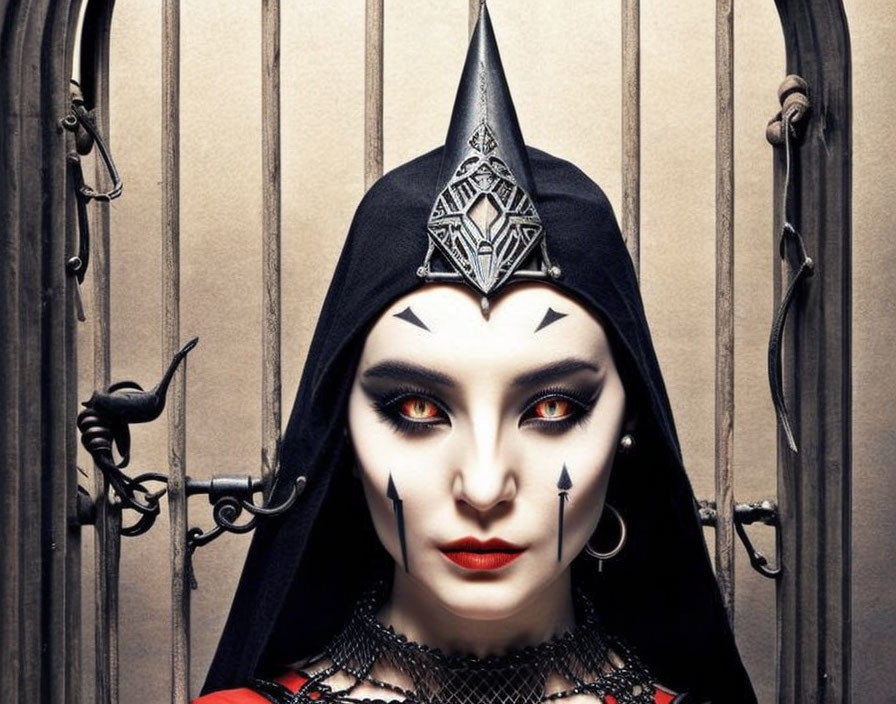 Gothic makeup with black headdress and red accents