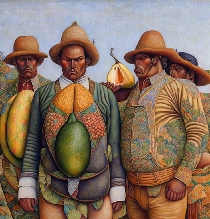Three stern individuals in ornate clothing with papayas and avocados on torsos