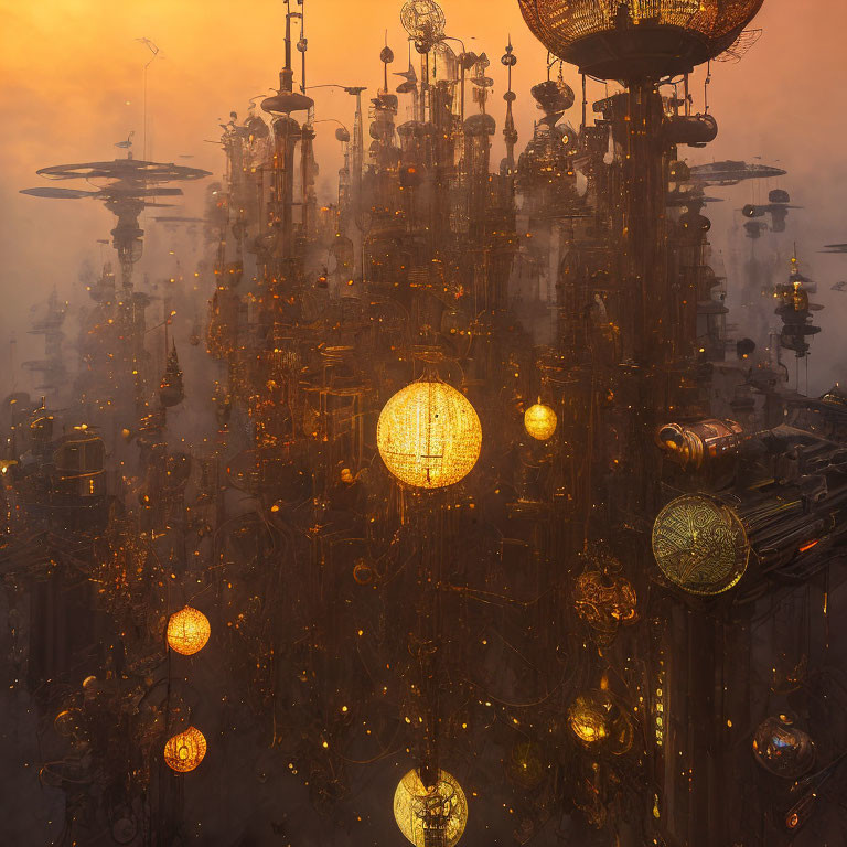 Futuristic cityscape at sunset with towering structures and illuminated lights