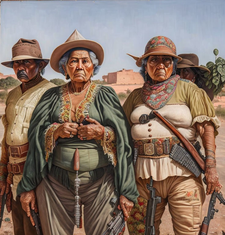 Historical oil painting of stern revolutionaries with rifles and desert fort