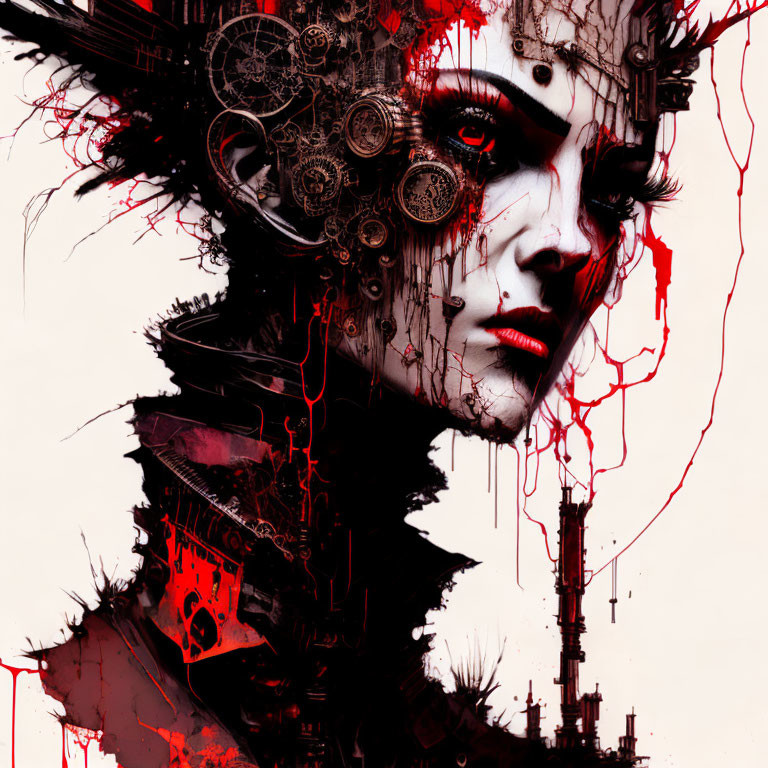 Artwork of person with mechanical parts and gears, red accents on monochrome palette