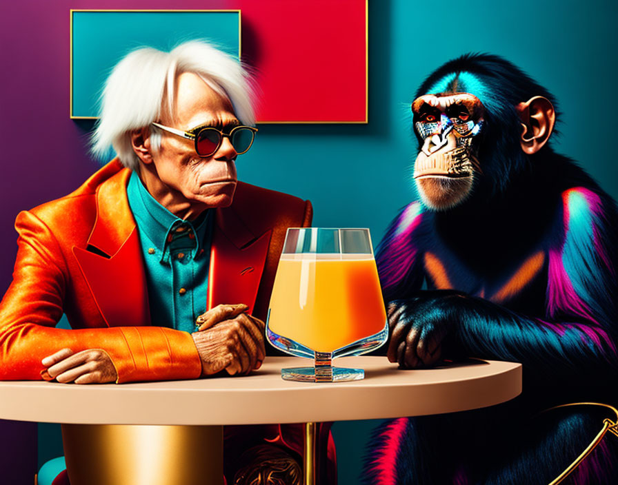 Elderly Person with White Hair and Chimpanzee Seated at Table with Orange Drink