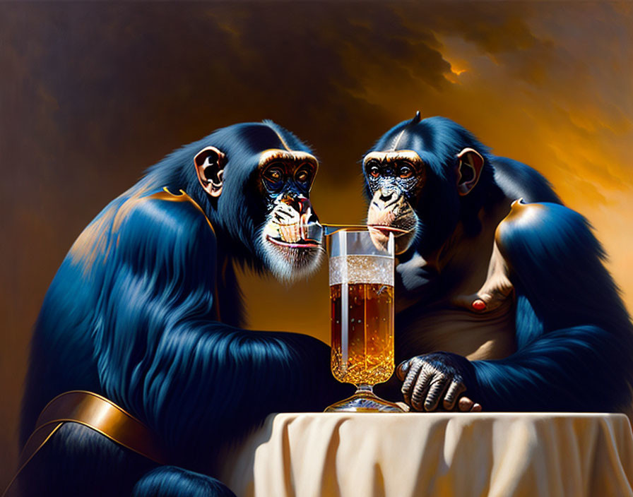 Chimpanzees in Suits Sharing Drink at Table under Dramatic Sky