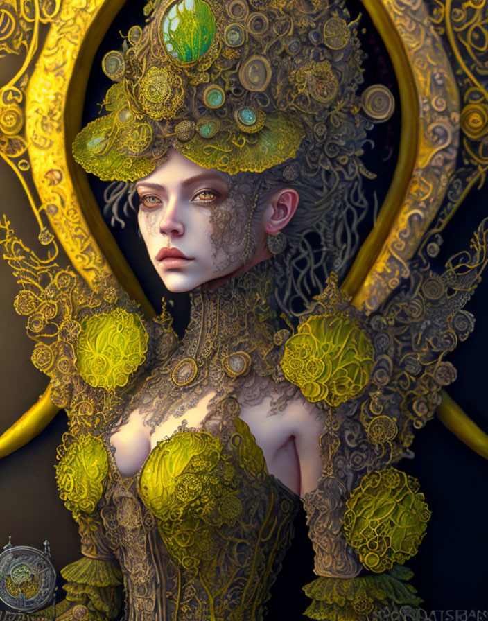Fantastical digital artwork: Figure in ornate golden attire with organic lattice textures