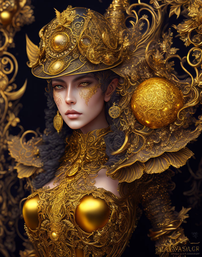 Detailed digital artwork of woman in ornate gold armor on dark background