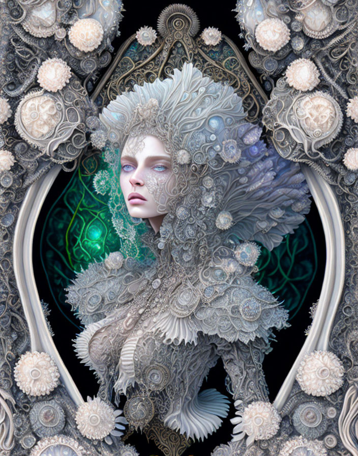 Pale-skinned figure with blue eyes framed by ornate mirror-like structure.