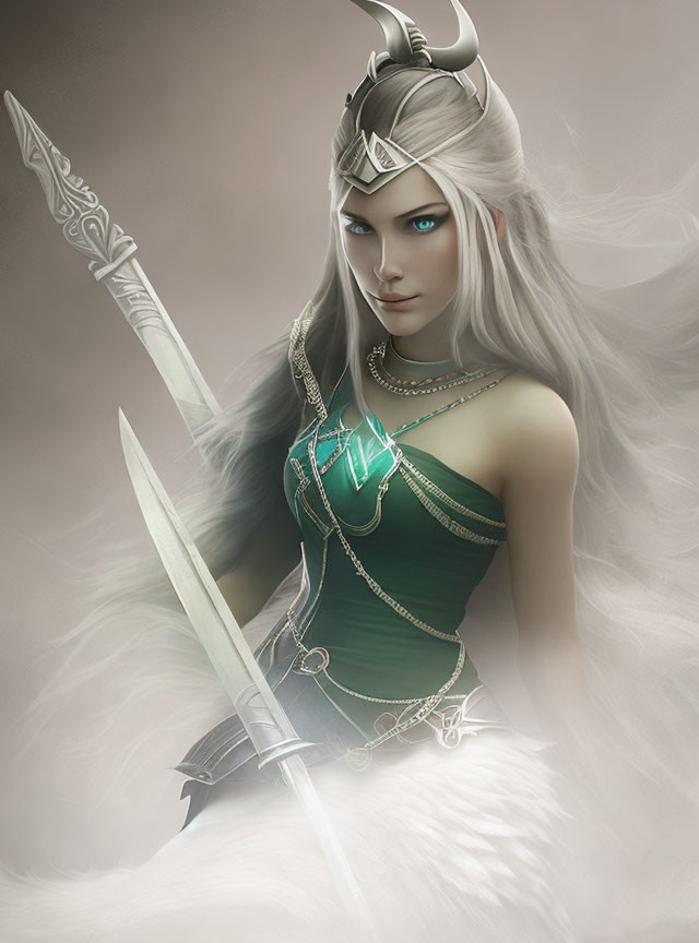 Fantasy digital artwork of a warrior woman in green dress and silver armor