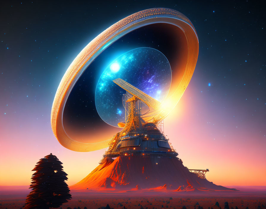 Futuristic observatory with ring structure on alien world at sunset