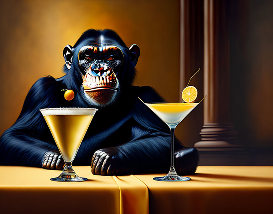 Chimpanzee illustration with makeup at bar holding cocktails