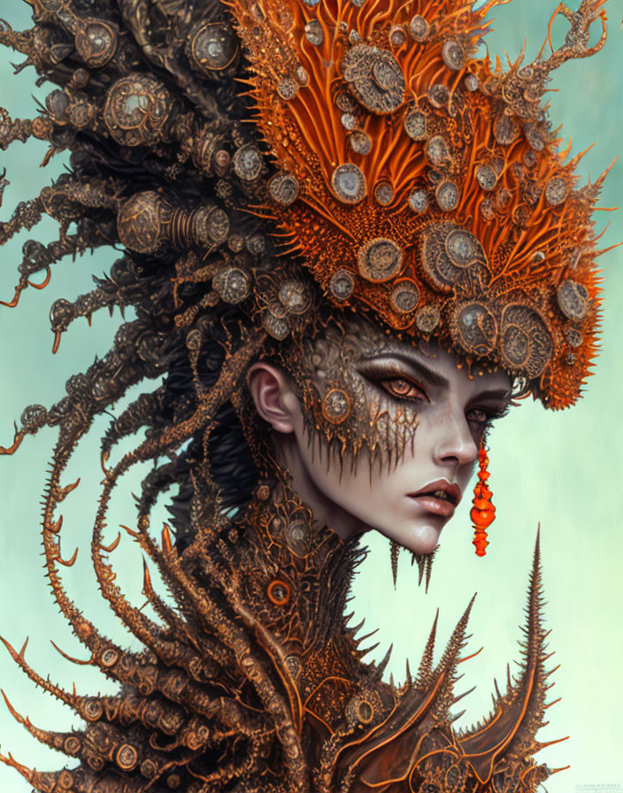 Detailed Fantasy Portrait with Elaborate Orange and Brown Headdress