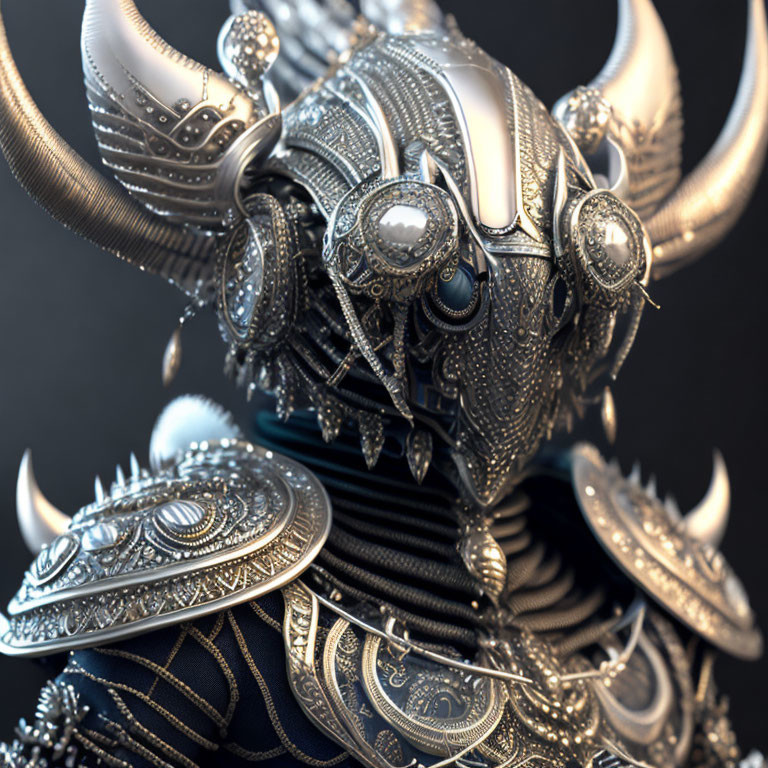 Detailed Metallic Sculpture of Horned Creature with Ornate Patterns