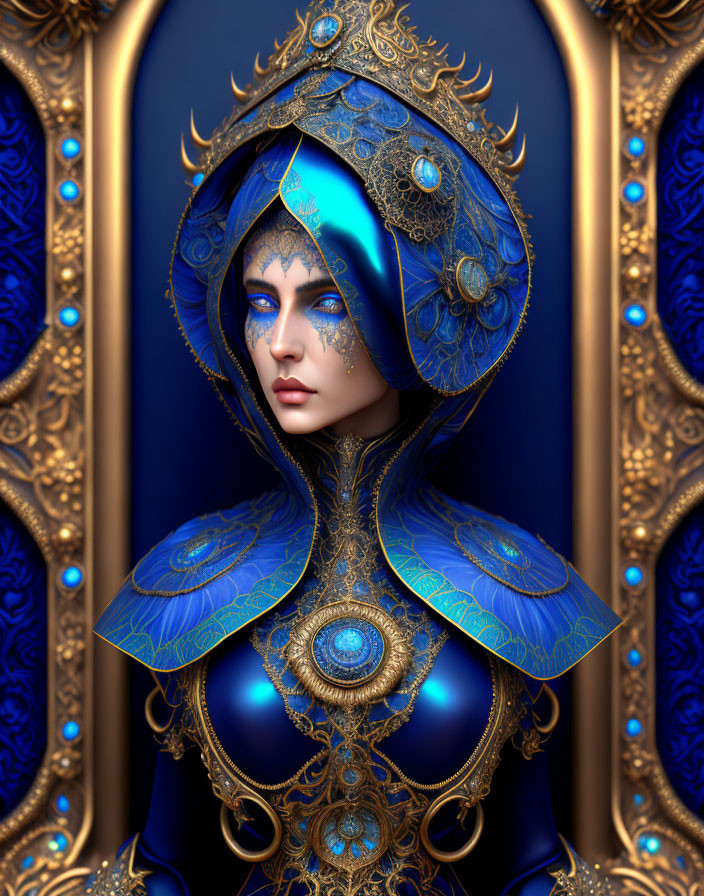 Detailed Digital Art Portrait of Figure in Ornate Blue and Gold Attire