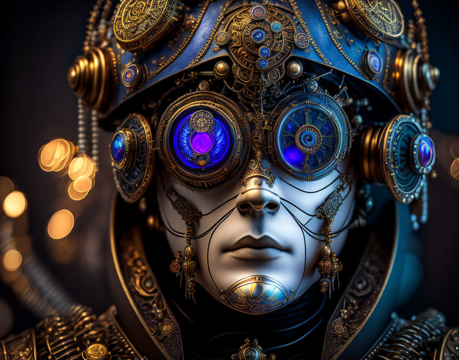 Detailed Steampunk Style Robotic Face with Glowing Blue Eyes